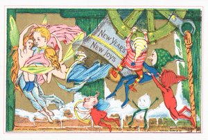 Elfer og engle fejrer nytår, nytårskort af English School