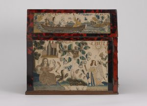 Broderet kiste, ca. 1660 (silke, lærred, træ, skildpadde og sølvbeslag)