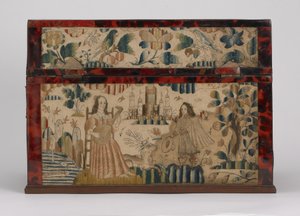 Broderet kiste, ca. 1660 (silke, lærred, træ, skildpadde og sølvbeslag)