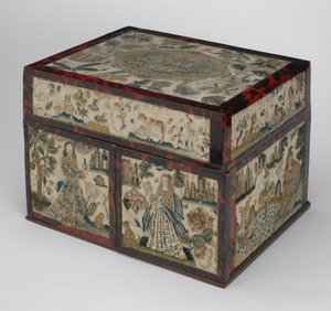 Broderet kiste, ca. 1660 (silke, lærred, træ, skildpadde og sølvbeslag)