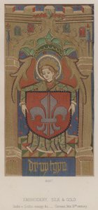 Broderi, silke og guld, under en gotisk baldakin etc, tysk, slutningen af 1400-tallet (farvelitografi) af English School