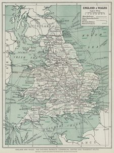 England og Wales, kort med produkter, handelscentre og transportruter (litho) af English School