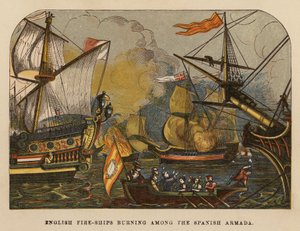 Engelske brandskibe brænder blandt den spanske armada (koloreret stik) af English School