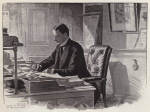 Den engelske politiker George Curzon på arbejde på sit kontor i Indienkontoret (litografi) af English School