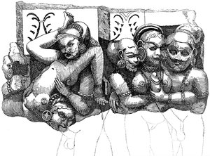 Erotisk relief fra Elephanta-hulerne, Indien af English School