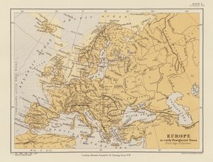 Europa i den tidlige postglaciale tid (farvelitografi) af English School