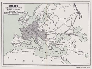 Europa i begyndelsen af det nittende århundrede med Karl den Stores imperium (farvelitografi) af English School