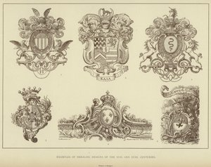 Eksempler på heraldiske designs fra XVII og XVIII århundreder (litho) af English School