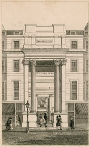Exeter Hall, Strand, London; fra Gentlemans Magazine; bevis af English School
