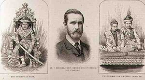 Expedition nach Oberburma: König Theebaw (1858-1916) im Staat, Mr. T. Bernard, Hauptkommissar von Burma, jetzt in Mandalay, König Theebaw und seine Königin, Soopya-Lat von English School