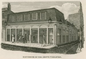 Ydersiden af Royal Olympic Theatre, Wych Street, nær Drury Lane, London af English School