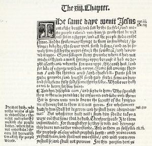 Faksimile af St. Matthews Evangelium, kapitel XIII, vers 1-15, fra Tyndales Testamente, illustration fra The History of Protestantism af James Aitken Wylie (1808-1890), pub. 1878 af English School
