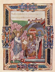 Faksimile af en side fra Ethelwold Benedictional, der viser bebudelsen, fra bogen The Church of England: A History for the People, udgivet ca. 1910 af English School