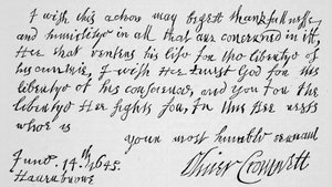 Faksimile eines Teils des Briefes von Cromwell an Lenthall, Sprecher des Unterhauses, in dem er den Sieg von Naseby verkündet