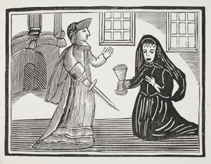 Fair Rosamond bliver forgiftet af dronning Eleanor, illustration fra Chap-books of the Eighteenth Century af John Ashton, pub. 1882 af English School