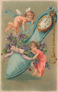 Feer, der binder bånd og blomster omkring en pude, nytårskort