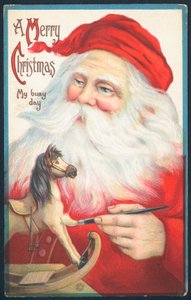 Julemanden maler gyngehest, julekort af English School