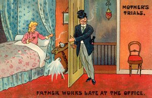 Far arbejder sent på kontoret (farve litho) af English School