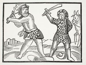 Ferragus rejser en mægtig hær og belejrer byen Acquitain, illustration fra Chap-books of the Eighteenth Century af John Ashton, pub. 1882 af English School