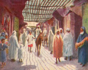 Fez, en skyggefuld gade (farvelitografi) af English School