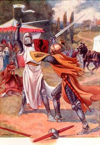Fighting Knights in Armour. Farvet illustration fra bogen The Gateway to Tennyson udgivet 1910. af English School