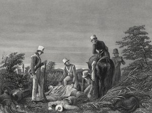 At finde farverne på det 24. regiment efter slaget ved Chillianwallah, ca. 1850 (gravering) af English School