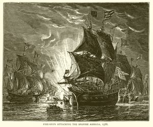 Ildskibe angriber den spanske armada, 1588 af English School