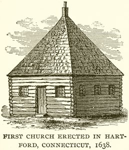 Første kirke opført i Hart-Ford, Connecticut, 1638 af English School