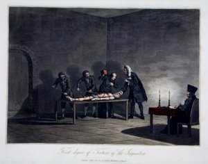 Inkvisitionens første grad af tortur, indgraveret af L.C. Stadler, pub. af Cadell & Davies, London, ca. 1813 (farvet gravering) af English School