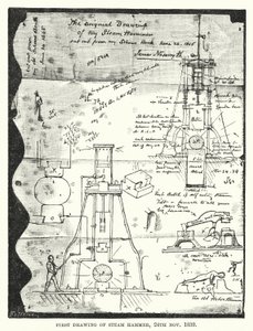 Første tegning af Steam Hammer, 24. november 1839 (gravering) af English School