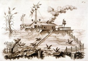 Fiskeri med skarver ved hjælp af en vandbåd og indhegnet indhegning, illustration fra 