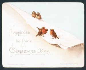 Fem små Robins i sne, julekort af English School