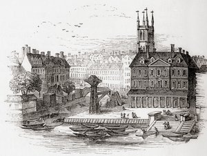 Fleet Ditch, London, England i 1749 på det tidspunkt, hvor den løb ind i Themsen ved Bridewell, fra Old England: A Pictorial Museum, pub. 1847 af English School