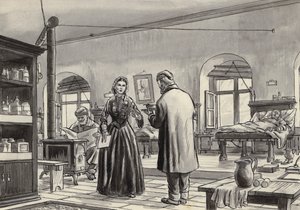 Florence Nightingale arbejder på hospitalet i Scutari (gouache på papir) af English School
