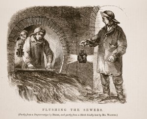 Gennemskylning af kloakkerne, dels fra daguerreotypiet af Richard Beard og dels fra en skitse, der venligt var udlånt af Mr. Whiting, illustration fra London Labor og London Poor af Henry Mayhew, pub. 1862 (lit af English School