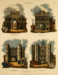 Fire byporte: Bishopsgate, Moorgate, Cripplegate og Newgate, indgraveret af J. Pass, pub. af G. Jones af English School