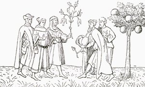 Broder Odoric af Pordenone, der holder en gren fra et træ, som fugle vokser på, vist på skift af den lokale konge, Lammetræet fra Tartary, der viser et lam, der dukker op, illustration fra The Strand Magaz af English School