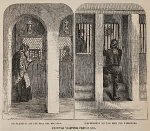 Venner på besøg hos fanger, illustration fra The Criminal Prisons of London og Scenes from Prison Life af Henry Mayhew og John Binny, pub. 1862 af English School
