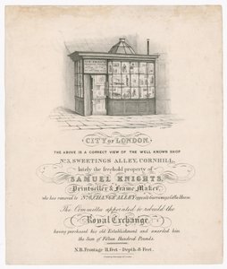 Forsiden af No 3, Sweetings Alley, Cornhill, for nylig ejet af Samuel Knights, Printseller og Frame Maker af English School