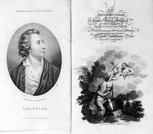 Frontispice og titelside til Akensides-digte fra Cookes Pocket Edition af udvalgte britiske digtere, udgivet 1799 af English School