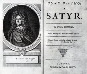 Frontispice og titelside for Jure Divino: A Satyr af Daniel Defoe, udgivet 1706 af English School
