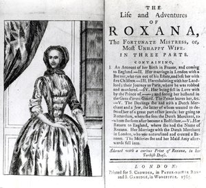 Frontispice og titelside til The Life and Adventures of Roxana af Daniel Defoe, udgivet 1765 af English School