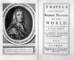 Frontispice og titelblad til Gullivers Travels af Jonathan Swift, 1726 af English School