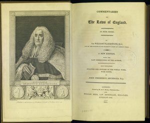 Frontispice og titelblad fra Commentaries on the Laws of England in Four Books, af Sir William Blackstone, Knt., udgivet af M. og S. Brooke, London, 1811