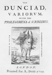 Frontispice og titelblad til The Dunciad Variorum af Alexander Pope, 1729 af English School
