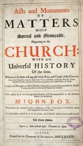 Frontispice, fra Acts and Monuments af John Foxe, niende udgave, pub. 1684 af English School
