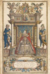 Frontispice af Atlas of the Countries of England and Wales af Christopher Saxon, London 1579 (håndkoloreret gravering) af English School