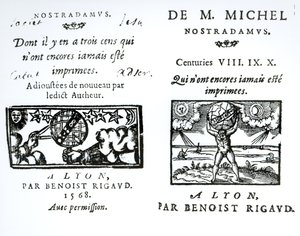Frontispice til The Prophecies of M. Michel Nostradamus, pub. af Benoist Rigaud, 1568 af English School