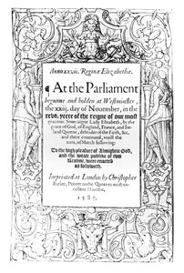 Frontispice til en beretning om dronning Elizabeths parlament afholdt mellem 23. november 1584 og 24. marts 1585, trykt af Christopher Barker, 1585 af English School
