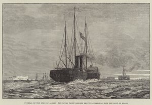 Begravelse af hertugen af Albany, Royal Yacht Osborne, der forlader Cherbourg med liget om bord (gravering) af English School